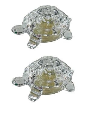 Lenox Fine Crystal Turtle Salt & Pepper Shakers Czech 3" Green Rhinestone Eyes